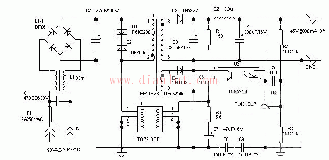 5V/4W的穩壓直流電源電路原理圖